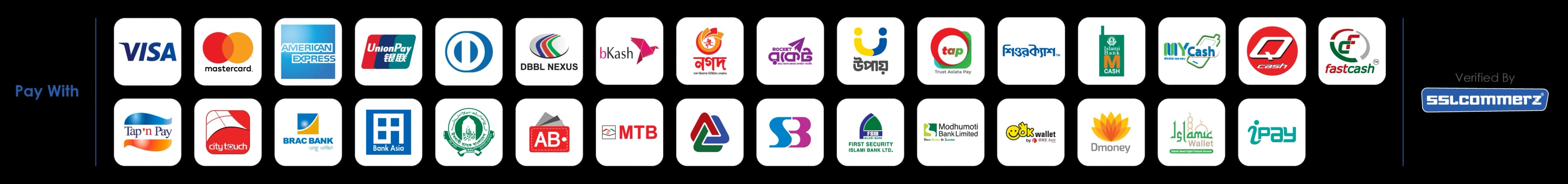Accepted payment methods — Visa, Mastercard, American Express, bKash, Nagad, Rocket, Upay and Bangladeshi bank cards, processed via SSLCommerz