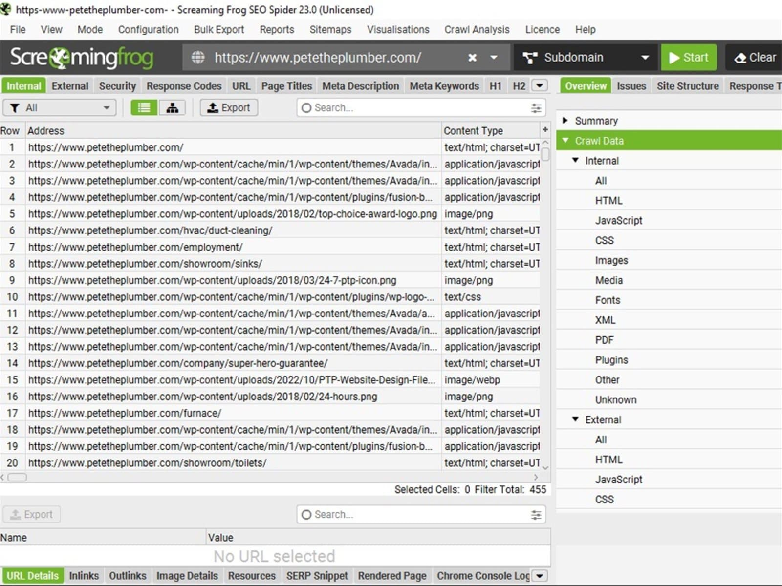 Technical crawl — 455 URLs, triaged into a fix list