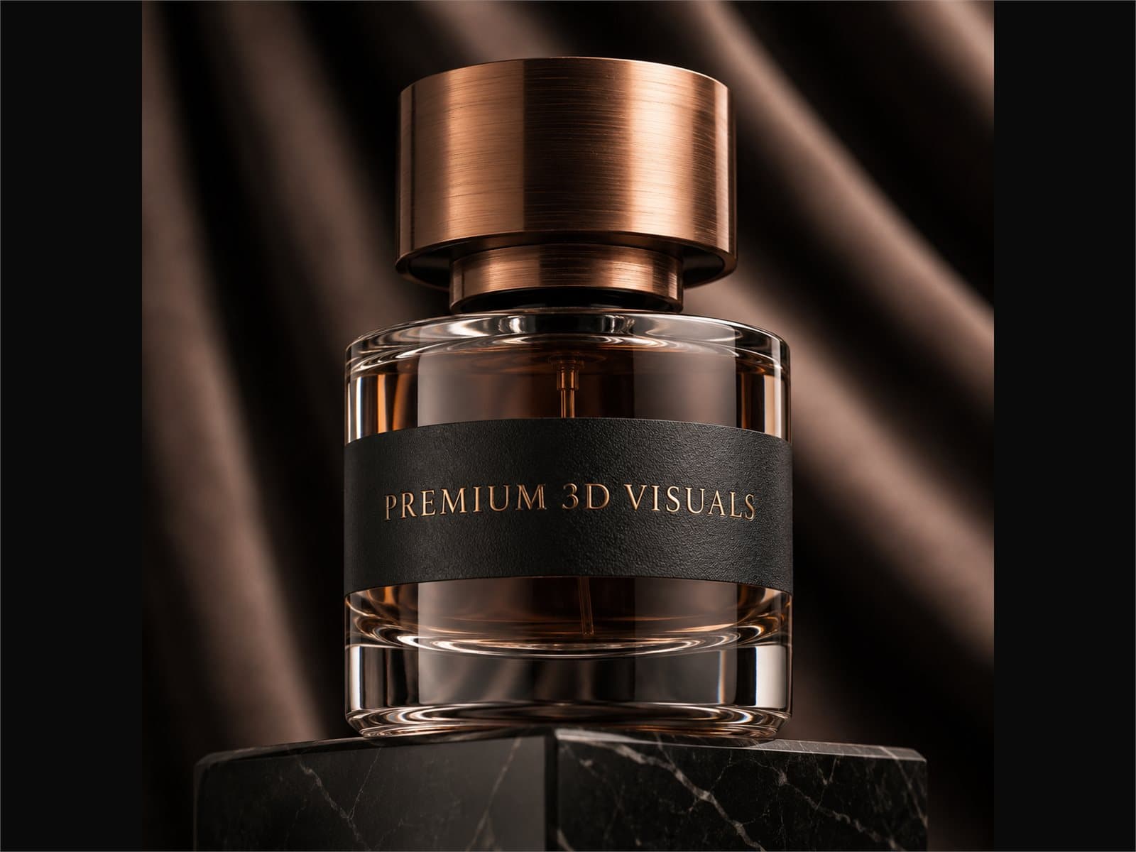 Packaging render — glass, brushed copper and satin