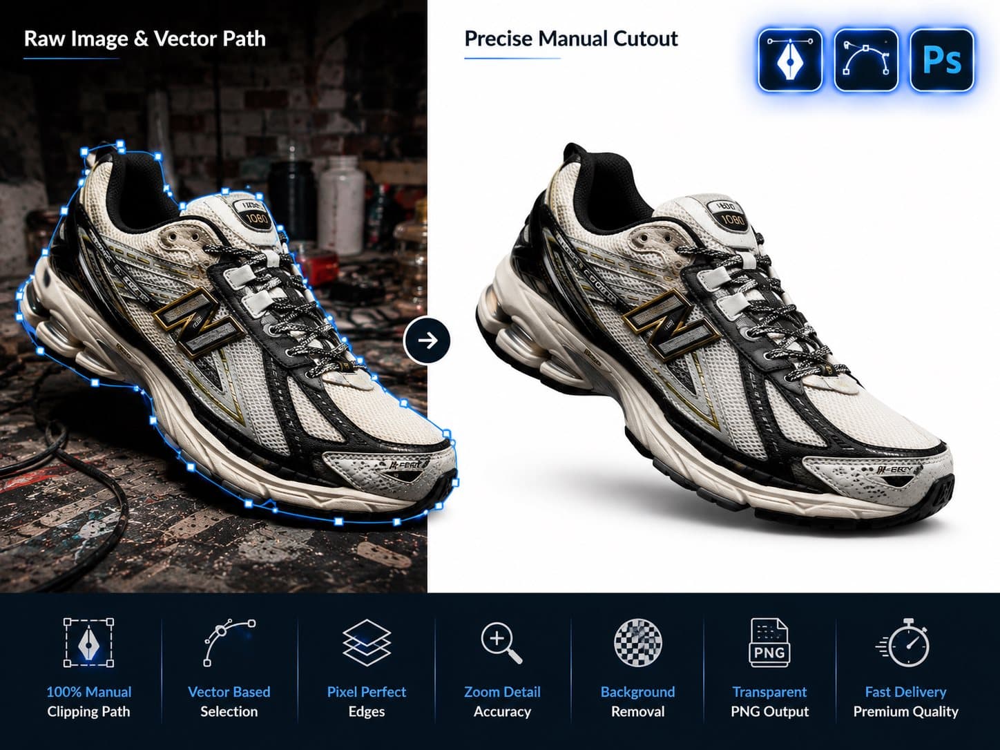 Manual pen-tool paths — laces, mesh and midsole at full zoom