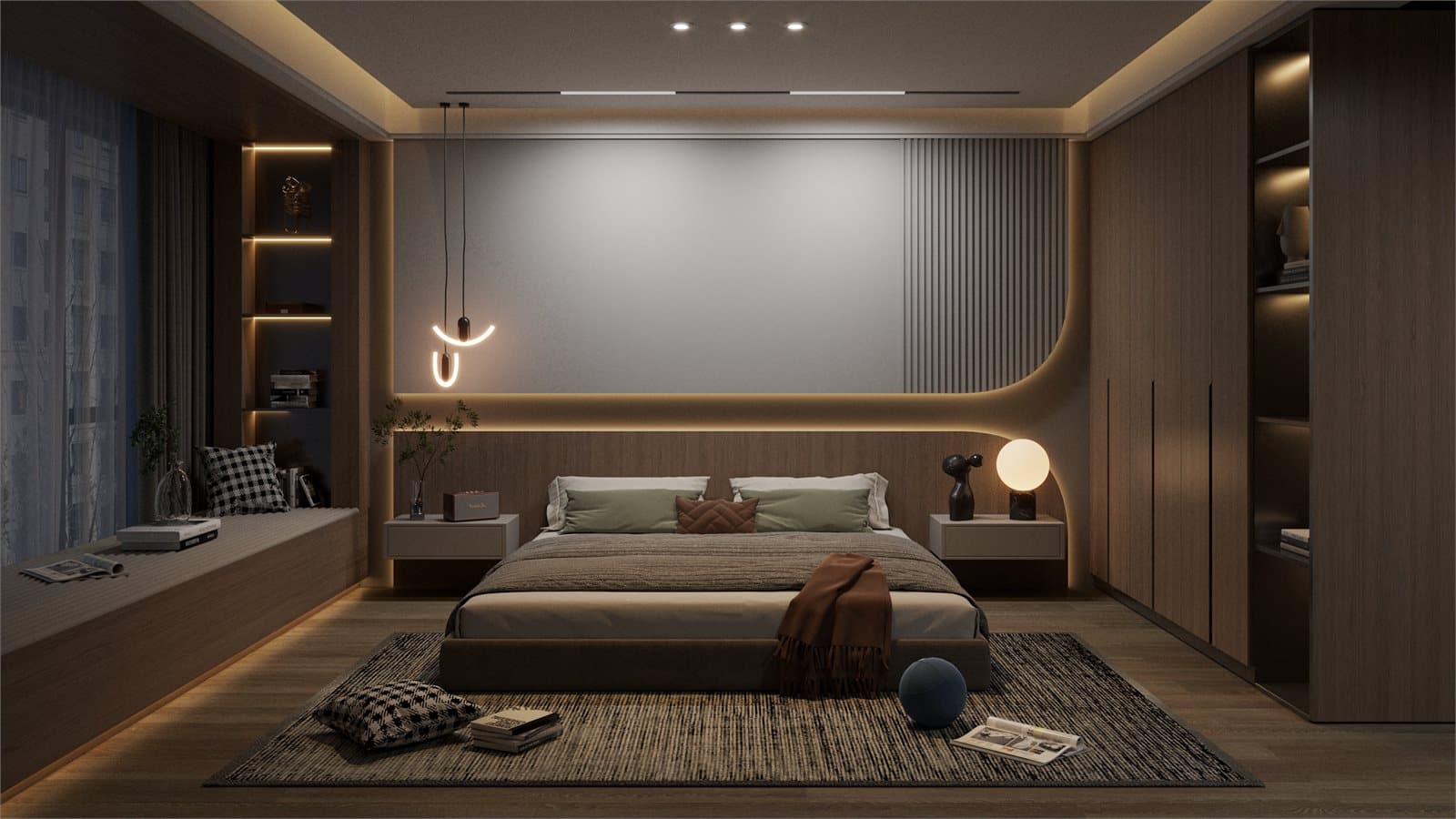 Interior visualisation — master suite, lit as one frame